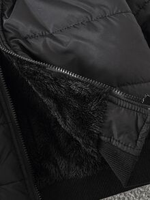 SHEIN 女童 2026 冬季新款連帽厚毛領高腰羅紋修身時尚填充外套，休閒百搭冬季外套 - 黑色 - 查看 8