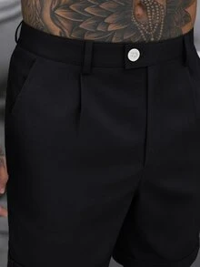 Manfinity Roughcore Men's Casual Solid Color Rolled Hem Slant Pocket Shorts, Summer Black Shorts - Black - View 3