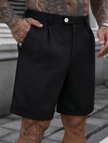 Manfinity Roughcore Men's Casual Solid Color Rolled Hem Slant Pocket Shorts, Summer Black Shorts - Black - View 4