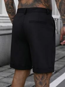 Manfinity Roughcore Men's Casual Solid Color Rolled Hem Slant Pocket Shorts, Summer Black Shorts - Black - View 2