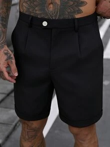 Manfinity Roughcore Men's Casual Solid Color Rolled Hem Slant Pocket Shorts, Summer Black Shorts - Black - View 6