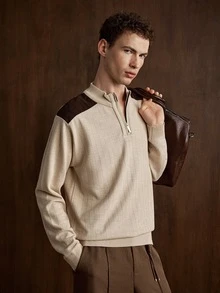 Manfinity CityGents Men's Lightweight Pullover Colorblock Shoulder Patchwork Sweater - Beige - View 1