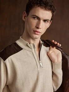Manfinity CityGents Men's Lightweight Pullover Colorblock Shoulder Patchwork Sweater - Beige - View 8