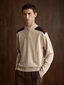 Manfinity CityGents Men's Lightweight Pullover Colorblock Shoulder Patchwork Sweater - Beige - View 3