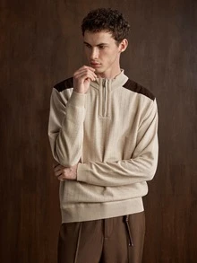 Manfinity CityGents Men's Lightweight Pullover Colorblock Shoulder Patchwork Sweater - Beige - View 4