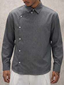 RONVEXI Old Money Men's Casual Commute Grey Long Sleeve Formal Structural Edition Shirt Office Work Summer - Black - View 2