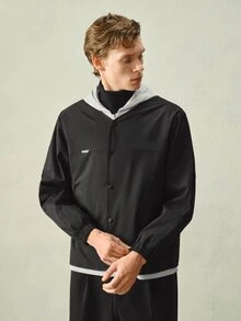 RONVEXI Jaket Pria Lengan Panjang dengan Kancing Depan dan Saku, Model 2 in 1 dengan Tudung - Hitam dan Putih - View 7