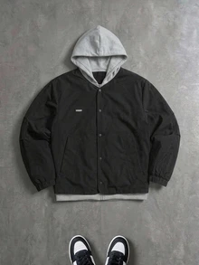 RONVEXI Jaket Pria Lengan Panjang dengan Kancing Depan dan Saku, Model 2 in 1 dengan Tudung - Hitam dan Putih - View 6