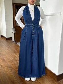 Rivivi Plus Size Dark Blue Denim Halter Neck Slim Fit Jumpsuit Flattering Wide Leg Pants,Fall/Winter,New Year Outfit - Dark Wash - View 3