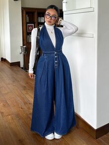Rivivi Plus Size Dark Blue Denim Halter Neck Slim Fit Jumpsuit Flattering Wide Leg Pants,Fall/Winter,New Year Outfit - Dark Wash - View 5