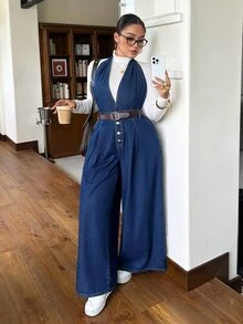 Rivivi Plus Size Dark Blue Denim Halter Neck Slim Fit Jumpsuit Flattering Wide Leg Pants,Fall/Winter,New Year Outfit - Dark Wash - View 4