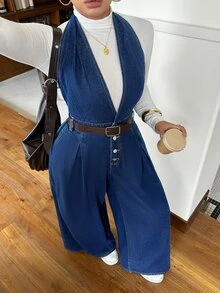 Rivivi Plus Size Dark Blue Denim Halter Neck Slim Fit Jumpsuit Flattering Wide Leg Pants,Fall/Winter,New Year Outfit - Dark Wash - View 6