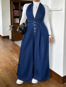 Rivivi Plus Size Dark Blue Denim Halter Neck Slim Fit Jumpsuit Flattering Wide Leg Pants,Fall/Winter,New Year Outfit - Dark Wash - View 7