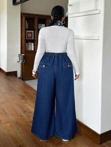 Rivivi Plus Size Dark Blue Denim Halter Neck Slim Fit Jumpsuit Flattering Wide Leg Pants,Fall/Winter,New Year Outfit - Dark Wash - View 2