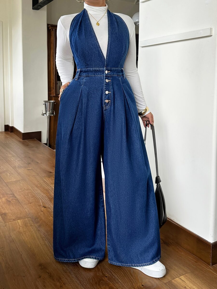 Rivivi Plus Size Dark Blue Denim Halter Neck Slim Fit Jumpsuit Flattering Wide Leg Pants,Fall/Winter,New Year Outfit - Dark Wash - View 1