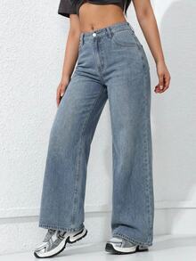 Jeanoix CURVE Plus Size Light Blue Distressed Denim Wide Leg Jeans, High Waist Slimming Lazy Relaxed American Street Style Extra Long Straight Leg Pants - Light Wash - View 2