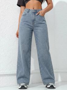 Jeanoix CURVE Plus Size Light Blue Distressed Denim Wide Leg Jeans, High Waist Slimming Lazy Relaxed American Street Style Extra Long Straight Leg Pants - Light Wash - View 5