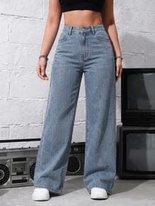 Jeanoix CURVE Plus Size Light Blue Distressed Denim Wide Leg Jeans, High Waist Slimming Lazy Relaxed American Street Style Extra Long Straight Leg Pants - Light Wash - View 4
