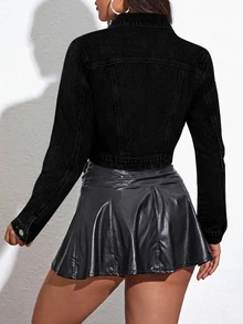 EMERY ROSE Women's Single-Breasted Black Casual Daily Denim Jacket,Fall/Winter - Black - View 2