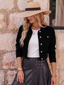 EMERY ROSE Women's Single-Breasted Black Casual Daily Denim Jacket,Fall/Winter - Black - View 6