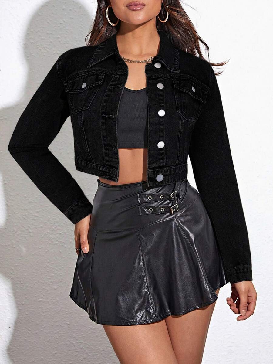 EMERY ROSE Women's Single-Breasted Black Casual Daily Denim Jacket,Fall/Winter - Black - View 1