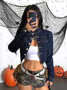 Jeanoix Y2K Women's Outdoor Street Style Stand Collar Button-Up High Slit Slim Fit Blue Denim Top - Dark Wash - View 5