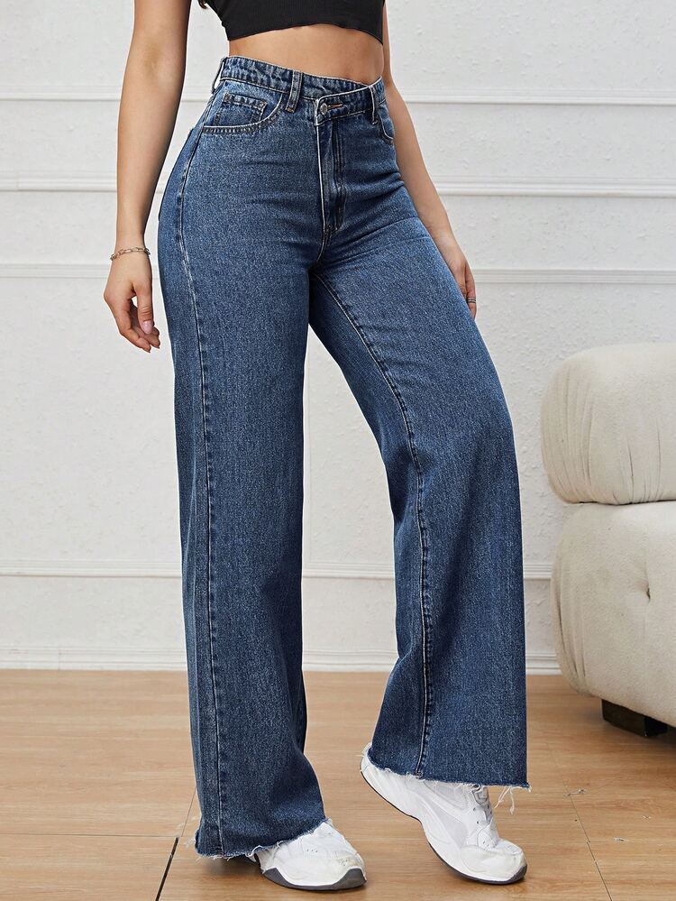 SHEIN EZwear American Street Style Plus Size Asymmetrical Waist Deep Blue Denim Jeans High Waist Loose Drape Raw Hem Versatile Floor Length Pants - Dark Wash - View 4