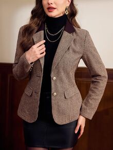 Vintamour 復古商務休閒優雅女款羊毛千鳥格拼色拼接鈕扣西裝外套 辦公室棕色工作穿搭 聖誕 秋冬冬季 - 棕色 - 查看 6