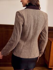 Vintamour 復古商務休閒優雅女款羊毛千鳥格拼色拼接鈕扣西裝外套 辦公室棕色工作穿搭 聖誕 秋冬冬季 - 棕色 - 查看 8