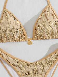 SHEIN Swim Summer Beach Sequin Halter Triangle Bikini Swimsuit - Gold - View 6