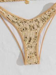SHEIN Swim Summer Beach Sequin Halter Triangle Bikini Swimsuit - Gold - View 3