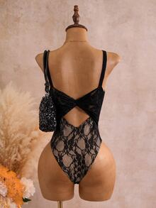 SHEIN Swim 性感蕾絲露背連身泳衣 - 黑色 - 查看 2