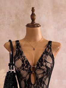 SHEIN Swim 性感蕾絲露背連身泳衣 - 黑色 - 查看 7