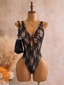 SHEIN Swim 性感蕾絲露背連身泳衣 - 黑色 - 查看 5