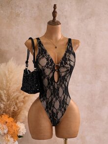 SHEIN Swim 性感蕾絲露背連身泳衣 - 黑色 - 查看 6