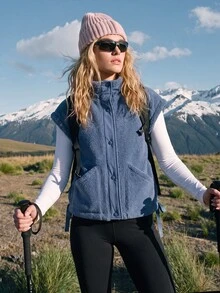 WanderVale Women's Outdoor Loose Winter Vest, Sleeveless Casual Colorblock Fleece Collar Cardigan Jacket - Blue - View 6