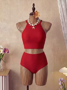 Swim Basics 女士黑色高腰休闲比基尼两件套套装 - 紅色 - 查看 3