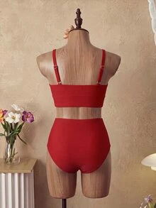 Swim Basics 女士黑色高腰休闲比基尼两件套套装 - 紅色 - 查看 6