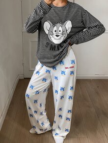 TOM AND JERRY X DAZY Autumn/Winter Cartoon Print Striped T-Shirt Top & All-Over Print Pajama Pants Loose Fit Women's Sleepwear Set - Black - View 6
