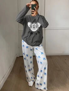 TOM AND JERRY X DAZY Autumn/Winter Cartoon Print Striped T-Shirt Top & All-Over Print Pajama Pants Loose Fit Women's Sleepwear Set - Black - View 4