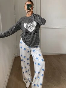 TOM AND JERRY X DAZY Autumn/Winter Cartoon Print Striped T-Shirt Top & All-Over Print Pajama Pants Loose Fit Women's Sleepwear Set - Black - View 1