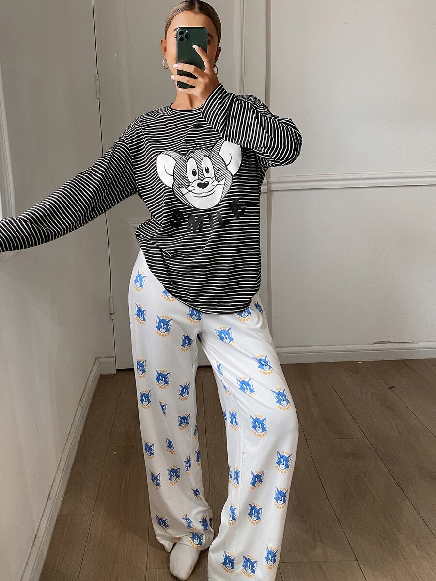 TOM AND JERRY X DAZY Autumn/Winter Cartoon Print Striped T-Shirt Top & All-Over Print Pajama Pants Loose Fit Women's Sleepwear Set - Black - View 1