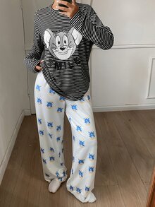 TOM AND JERRY X DAZY Autumn/Winter Cartoon Print Striped T-Shirt Top & All-Over Print Pajama Pants Loose Fit Women's Sleepwear Set - Black - View 3