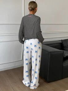 TOM AND JERRY X DAZY Autumn/Winter Cartoon Print Striped T-Shirt Top & All-Over Print Pajama Pants Loose Fit Women's Sleepwear Set - Black - View 2