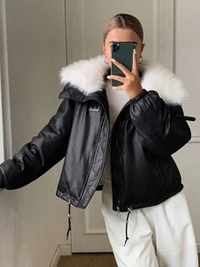 DAZY Women's Fur Collar Patchwork Loose Cotton Padded Coat - Black - View 7
