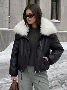 DAZY Women's Fur Collar Patchwork Loose Cotton Padded Coat - Black - View 1