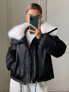 DAZY Women's Fur Collar Patchwork Loose Cotton Padded Coat - Black - View 4