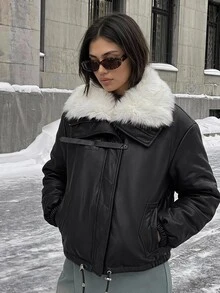 DAZY Women's Fur Collar Patchwork Loose Cotton Padded Coat - Black - View 9