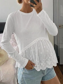 DAZY Contrast Lace Trim Hem Long Sleeve Loose Casual Vacation Daily Spring Autumn Maternity T-Shirt - White - View 6