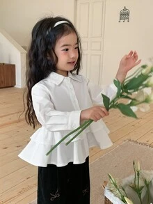DAZY Infant Girl Solid Color Long Sleeve Top With Turn Collar And Ruffle Trim - White - View 3